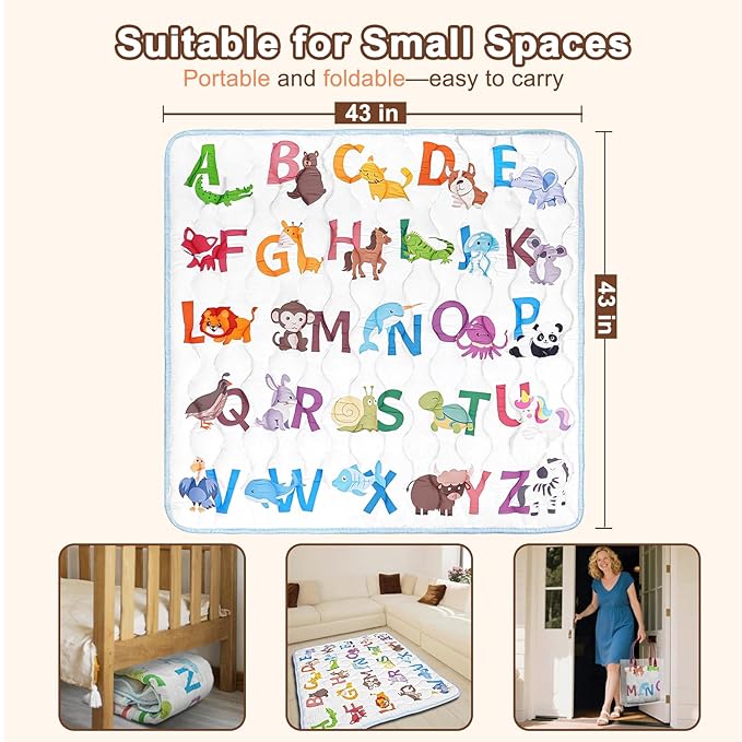 Baby Play Mat, 43x43 Mat with Super Soft Touch, Activity Mat with Upgraded Anti-Slip Bottom, Machine Washable Crawling Mat for Floor & Picnic(Animal Alphabets)