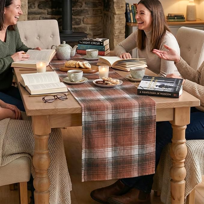Artoid Mode Caramel Brown Farmhouse Plaid Fall Table Runner 13x108 Inch | - Image 3