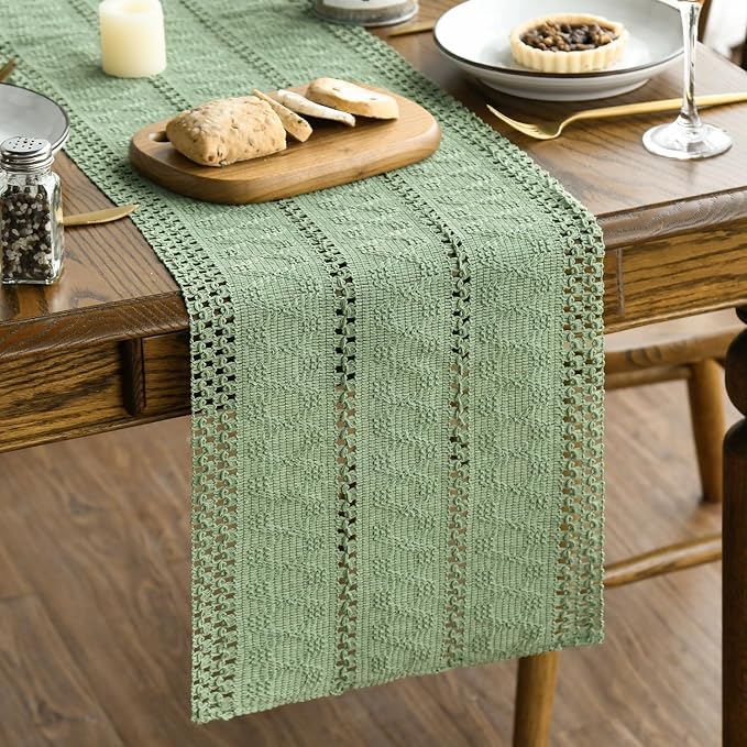 Artoid Mode Light Green Woven Farmhouse Hollow Table Runner 12x48 Inch | - Image 6
