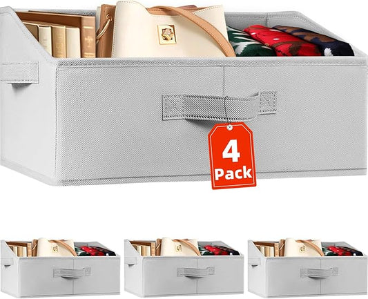 Criusia 4 Pack Large Closet Shelf Organizer Bins with Handles - Fabric Trapezoid Storage Baskets for Clothes, Towel, Blanket, Purse, Hats