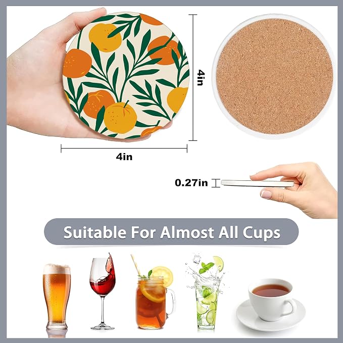 Drink Coasters Set of 6 with Holder, Tropical Palm Leaves Orange Floral - Image 2