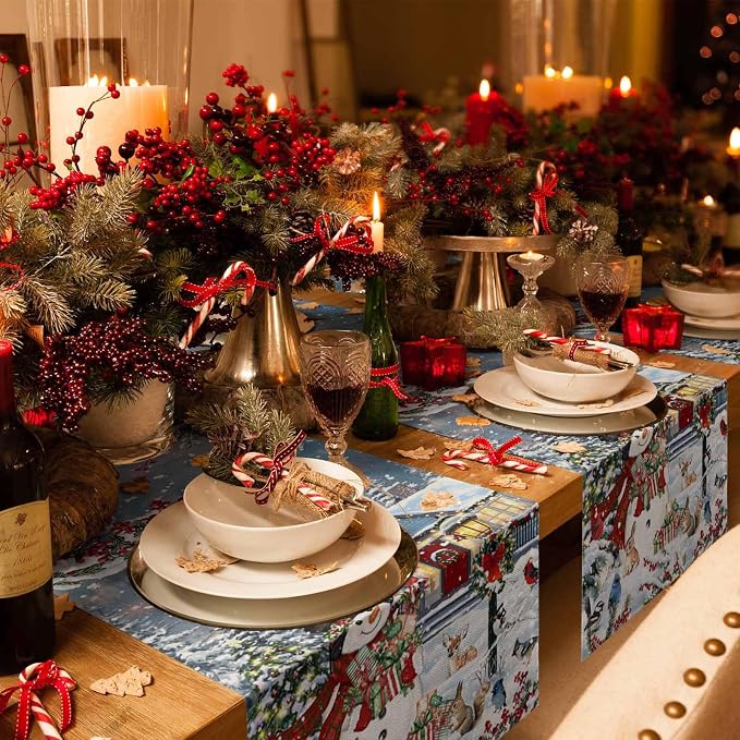 Merry Christmas Table Runner 36 Inches Long, Xmas Trees Snowman Snowflake Table - Image 6