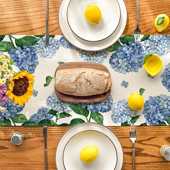 Artoid Mode Watercolor Hydrangea Summer Table Runner, Seasonal Spring Kitchen - Image 3