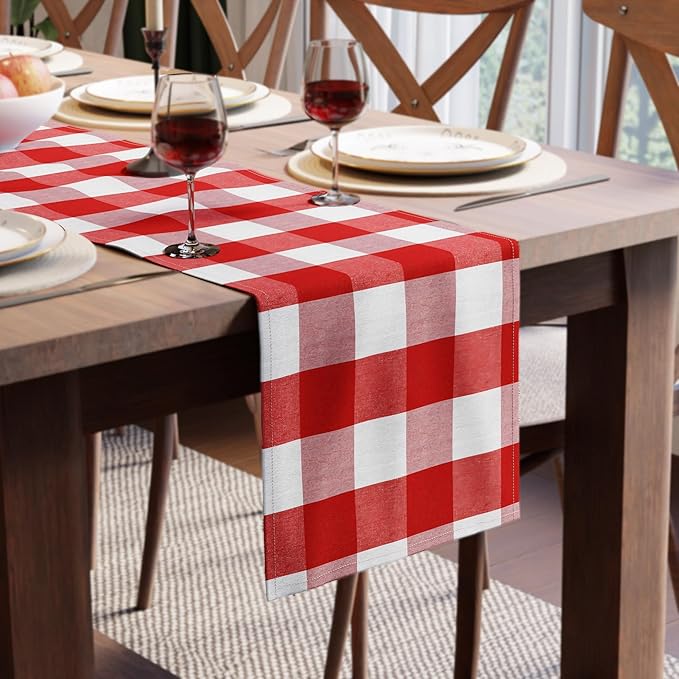 Encasa XO Table Runner, Woven Cotton Dining Runner 13"x59" | Buffalo Red Checks by EncasaXO