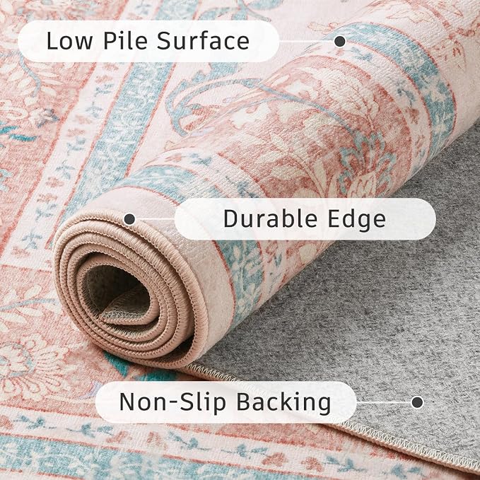 DCX 9x12 Pink Vintage Floral Rug, Machine Washable Non Slip Low Pile Carpet - Image 4