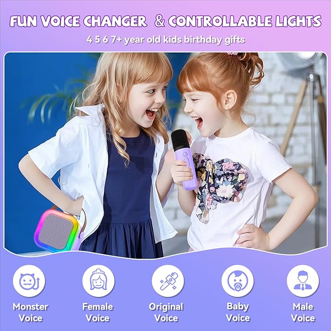 【2025 Newest】 Mini Karaoke Machine for Kids Girls & Boys - Portable Bluetooth Speaker with 2 Wireless Microphones - Kids Birthday Gifts for Ages 4-10 - Kids' Instrument Accessories - Purple