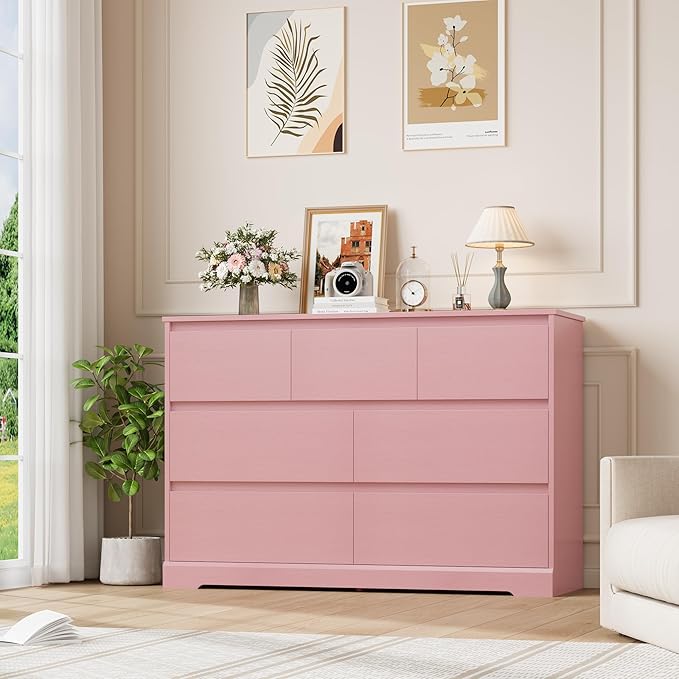 Dresser for Bedroom, Modern Pink Dresser, Wood Chest of Drawers Nursery Dressers, with Storage, 7 Drawer Double with Handle Free, Large Storage Organizer for Living Room,Pink