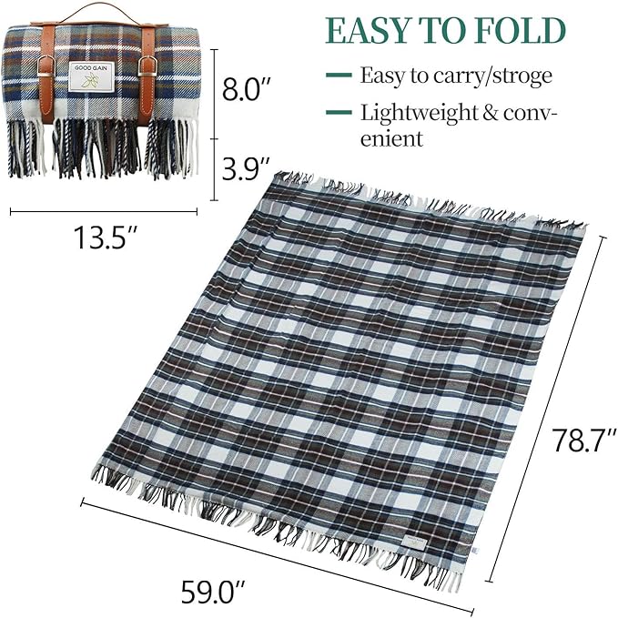 G GOOD GAIN Waterproof Picnic Blankets- Extra Large Outdoor Blanket Foldable, Beach Blanket with PU Handles, Sand-Proof Picnic Mat for Hiking, Camping, Lawn, Park, Grass. Blue Check