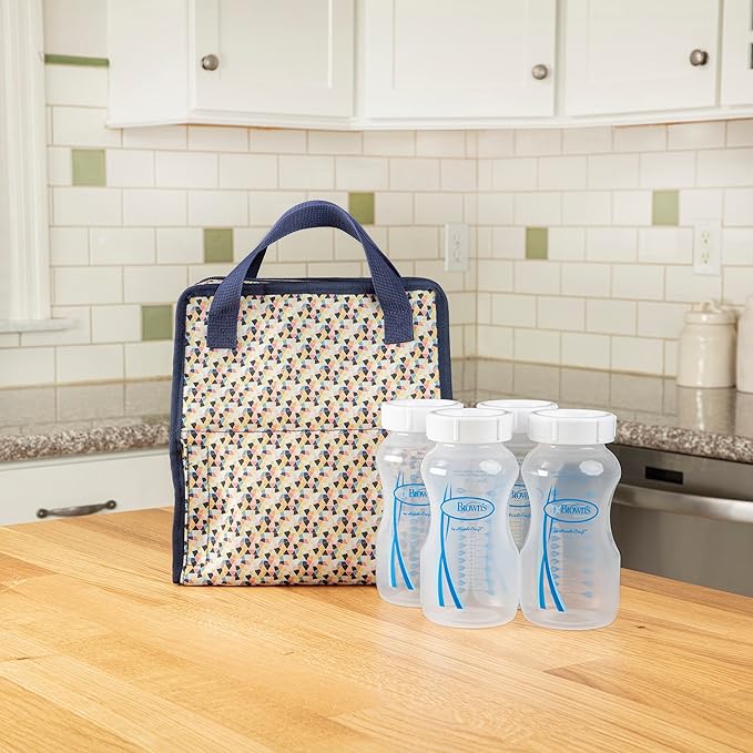 Dr. Brown's Fold & Freeze Bottle Tote, Travel Baby Bottle Insulated Cooler Bag, Store Up to 6 Baby Bottles, Geometric Multicolor, BPA Free