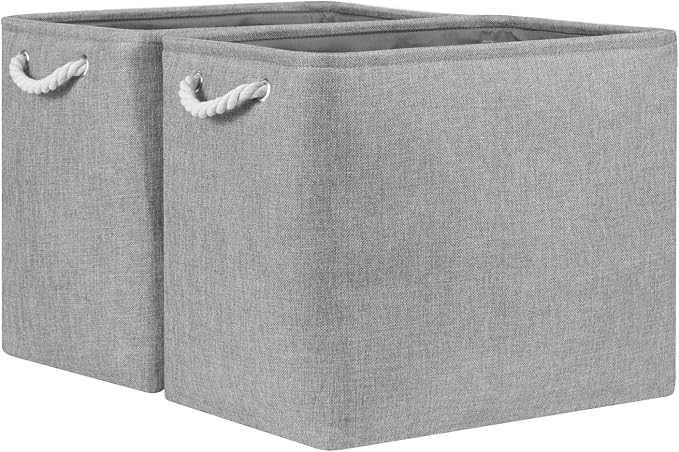 Bidtakay Collapsible Storage Bins for Clothes Large Grey Storage Baskets with Cotton Handles 17x12x15 In Set of 2 Fabric Cubby Storage Bins Livingroom Home Decorative Storage Organizer for Blankets