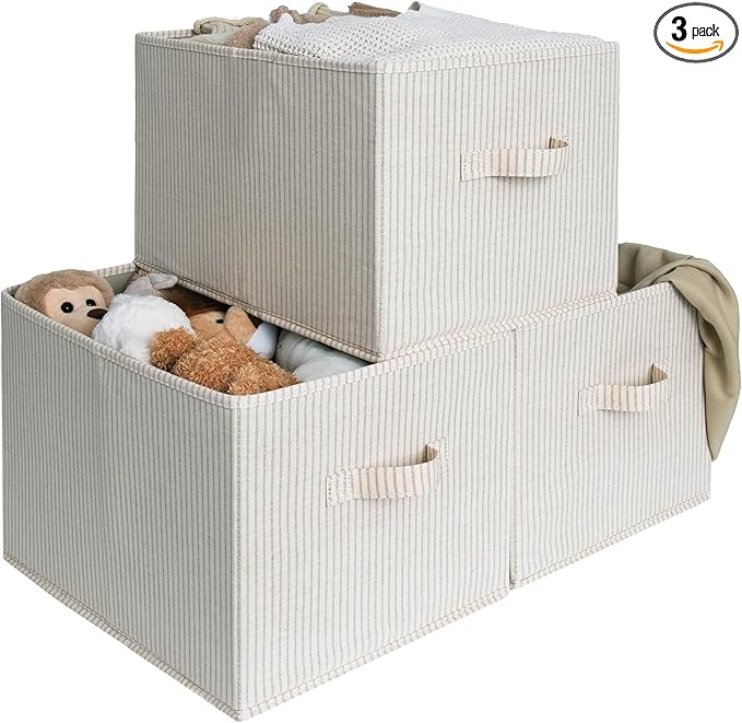 StorageWorks Storage Baskets for Shelves, Foldable Fabric Closet Storage Bins with Handles, Fabric Storage Bins Clothes Organizer, Beige Stripes, 3-Pack, Extra Large
