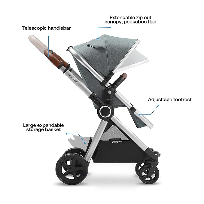 Mompush Ultimate 2 Baby Stroller for Infant and Toddler with Newborn Mode and Reversible Seat, All-Terrain Stroller with All-Wheel Suspension, Includes Car Seat Adapter and Large Storage Basket