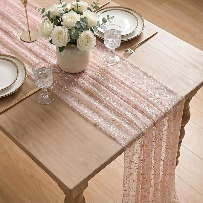 Artoid Mode 3PC Gold Gauze Pink Table Runner 120 Inch 10FT, Glitter Metallic - Image 4