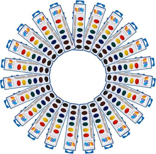 8 Colors Watercolor Paint Set for Kids,24 Pack Water Color Paints with Paint Brushes, Washable Paint for Classroom Art Activities Birthday Party Favors