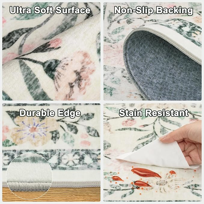 Area Rug Living Room Rugs: Floral 3x5 Washable Rug Vintage Soft Boho Non-Slip - Image 7