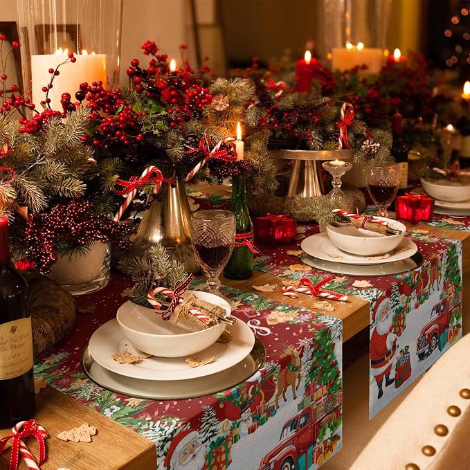 Merry Christmas Table Runner 120 Inches Long, Santa Xmas Tree Snowflake Table - Image 6