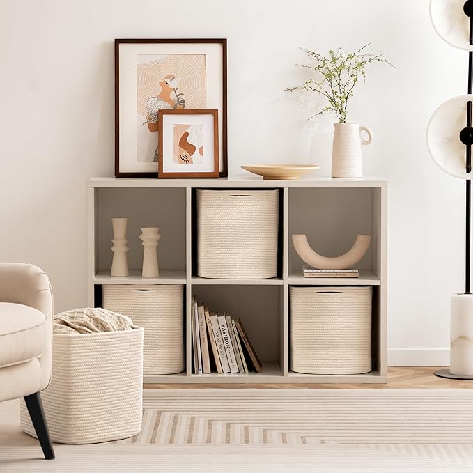 joybest Cube Storage Bins Set of 4, 11inch Cube Baskets Organizer for Nursery, Square Cotton Rope Baskets for Shelves Organizing, Kids Toy, Closet Storage, Beige