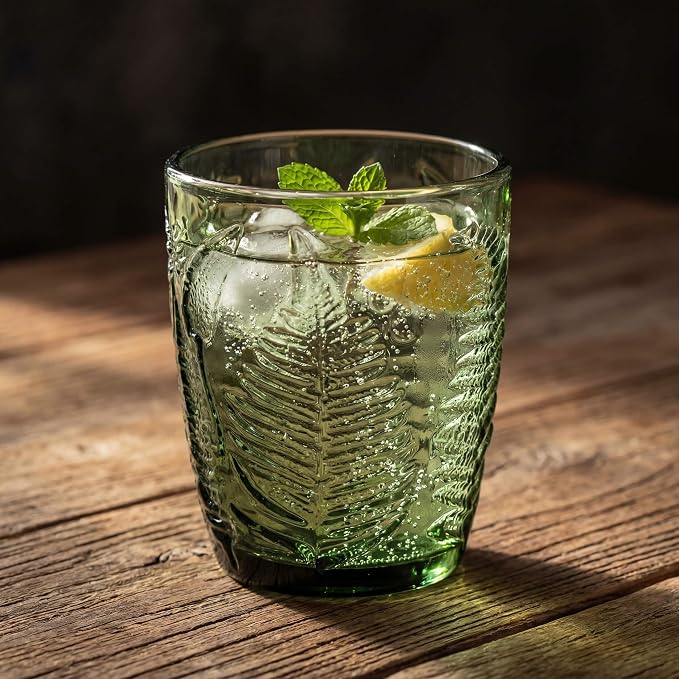 Green Drinking Glasses Set of 4, 10 oz Glass Cups, Vintage Fern Glassware | - Image 5