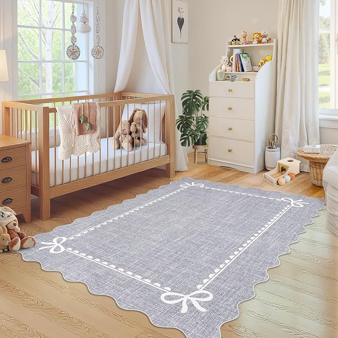GarveeHome Scalloped Bow Rug for Living Room, Solid Grey Rug for Dorm, Washable by GarveeHome