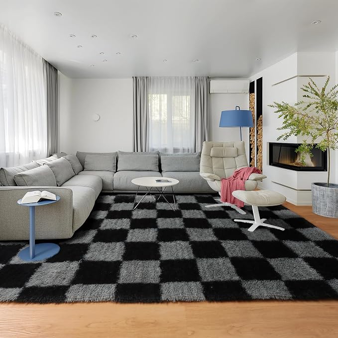 KICMOR Rugs for Living Room 5x7 Black and Grey, Soft Fluffy Checkered Shag Area - Image 8