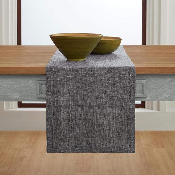 Solino Home 100% Pure Linen Table Runner Black Long, Athena 14 x 120 in | Table - Image 2