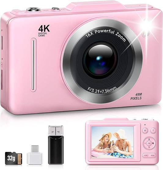 Digital Camera, FHD 1080P Kids Camera Digital with 16x Zoom Anti Shake, 32GB Card, 4K 48MP Portable Compact Point and Shoot Cameras, Vintage Small Camera for Teens Beginner Kids Present