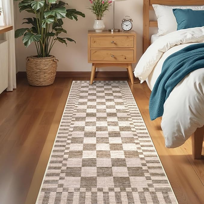 GarveeHome 2.5×8 Kitchen Runner Rug Non Slip Brown Checkered Rug, Washable - Image 3