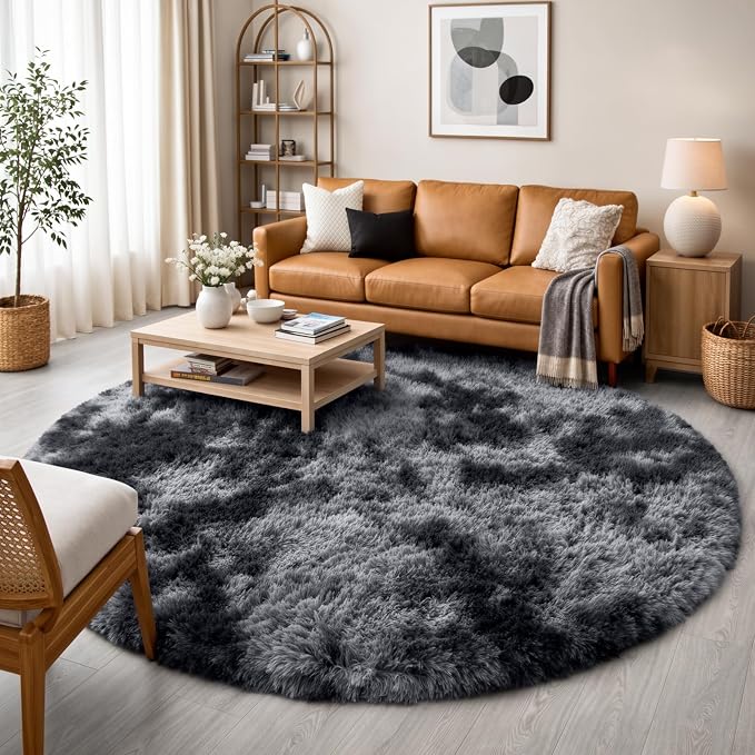 Amdrebio Tie-Dyed Dark Grey Round Rugs by Amdrebio
