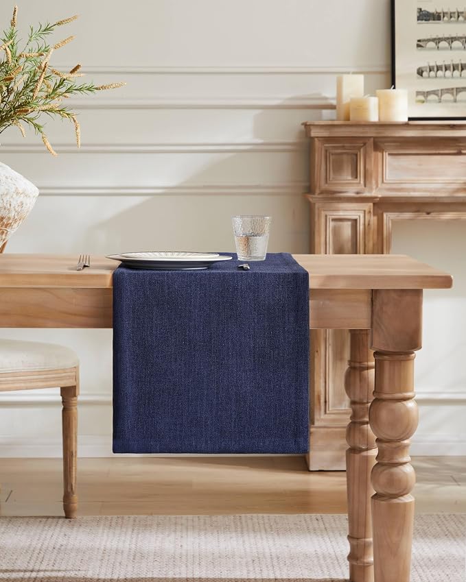 Burlap Style Farmhouse Table Runner, 14x108 Inches Navy | Thick Durable Fabric - Image 2