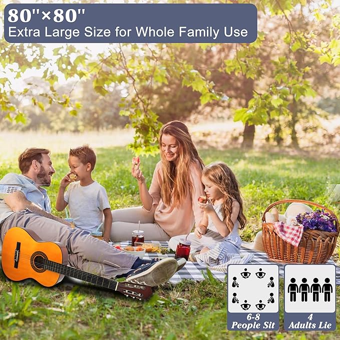 HX&OD Outdoor Picnic Blanket, Extra Large, 80''x80'' Waterproof Foldable Blankets Gingham Picnic Mat for Beach, Camping Grass Lawn Park Accessories Cute Couple Ideas Wedding (Gray, 80”x80”)