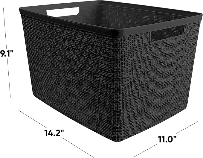 Curver Jute Large Decorative Plastic Organization and Storage Baskets, Perfect Bins for Home Office, Closet Shelves, Kitchen Pantry and All Bedroom Essentials, Pack of 4, Black