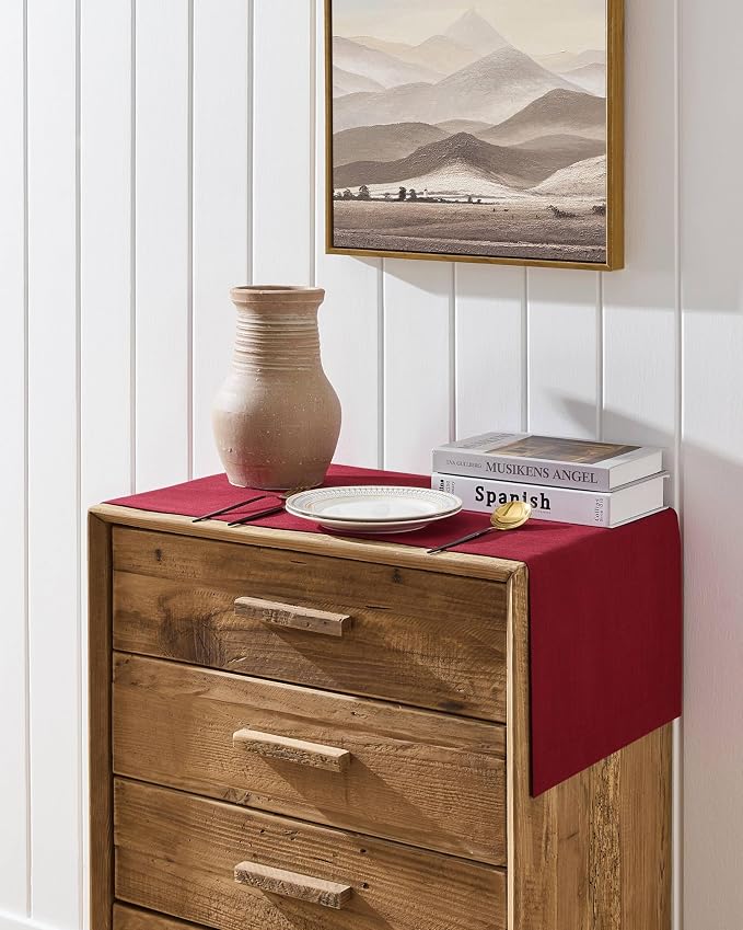 Linen Textured Border Table Runner, 14 x 36 Inch Red | Mitered Corner Design - Image 2