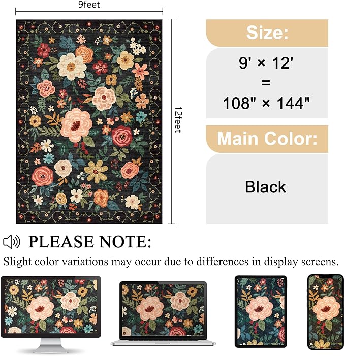 DUKINO 9x12 Area Rug, Floral Rugs - Image 2