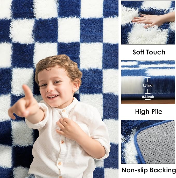 KICMOR Large Area Rug for Living Room 6x9, Big Fluffy Shag Fuzzy Navy Blue and - Image 2