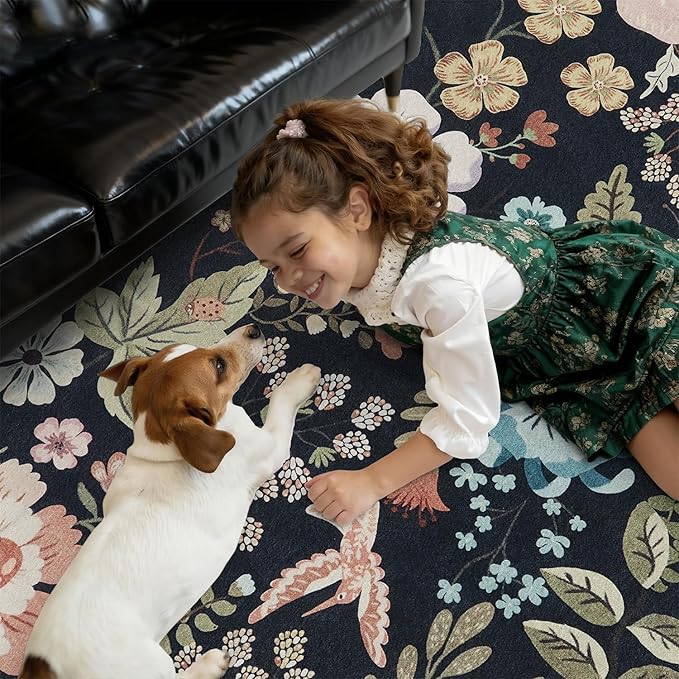 DCX Black Floral Rug 4x6, Washable Black Rug - Image 3