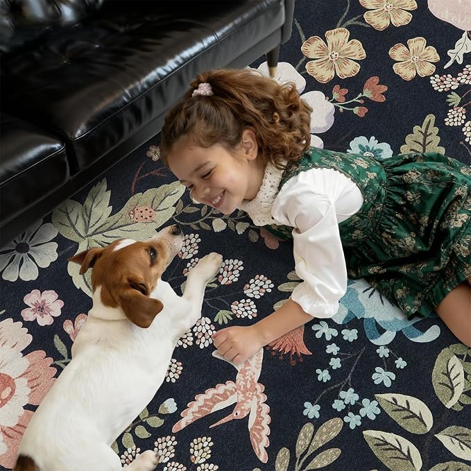DCX Black Floral Rug 9x12, Washable Black Rug - Image 2