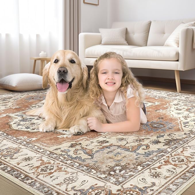 8x10 Washable Area Rug: Vintage Neutral Soft Non Slip Thin Large Floor Carpet - Image 6