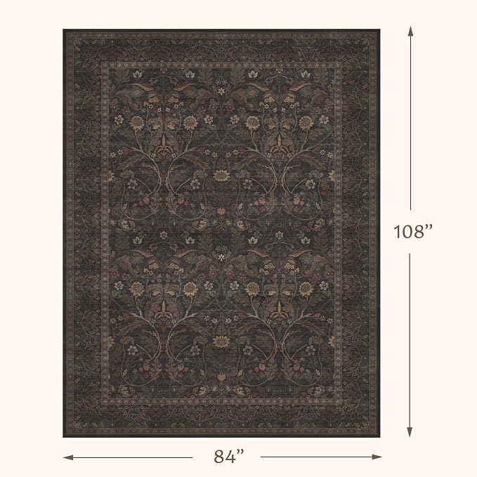 7x9 Area Rug for Dining Room, Machine Washable Dark Academia Flower Rugs - Image 2
