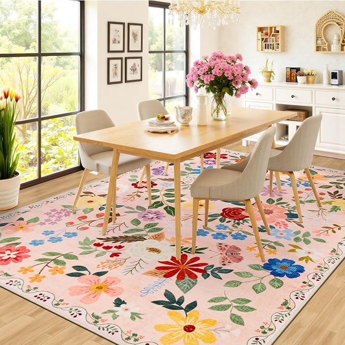 10x12 Area Rugs for Living Room: Floral Washable Rug Vintage Large Soft Boho Non-Slip Carpet Stain Resistant Low Pile Carpets for Bedroom Dining Room Farmhouse Nursery Hallway Home Office Beige