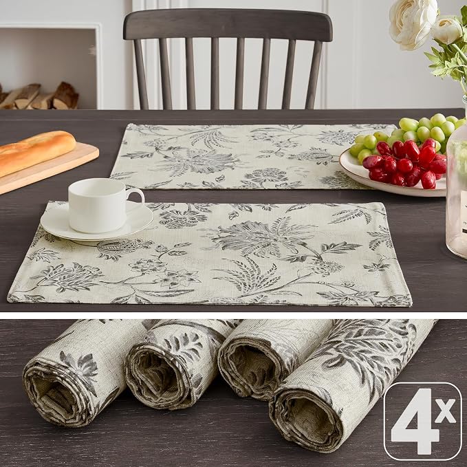 JINCHAN Sliva Linen Floral Placemats Set of 4 Farmhouse 13x19 Inch Grey | - Image 3