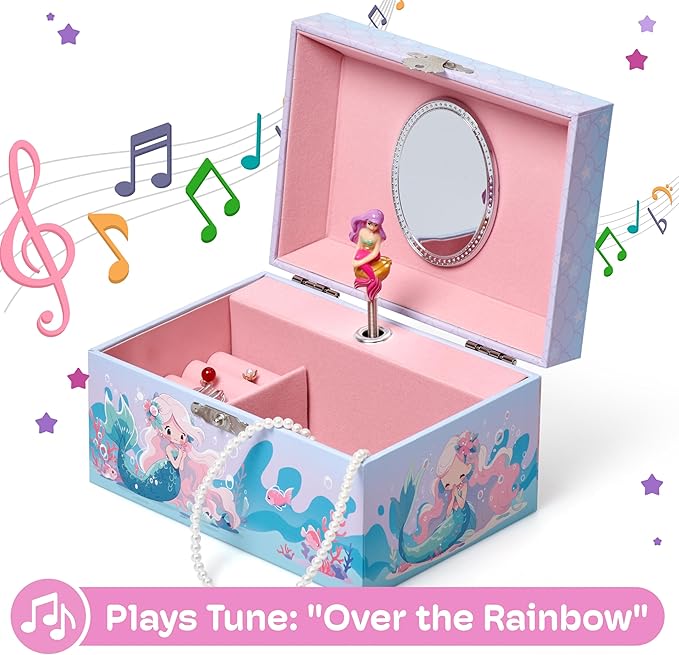 Jewelkeeper Girls Musical Jewelry Box - Durable Pine Fiberboard with Soft Pink Lining - Kids Jewelry Box - The Beautiful Dreamer Tune - Gifts for Girls - Mermaid Jewellery Box - 6x4x3.5in