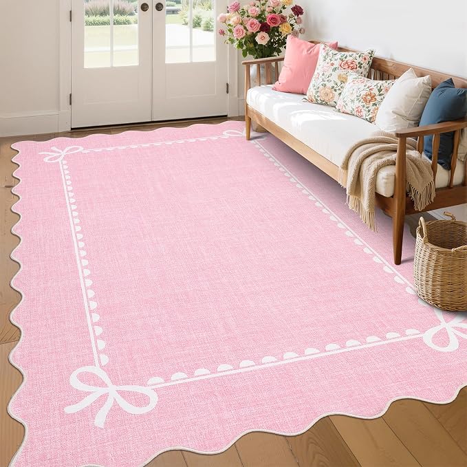 GarveeHome Scalloped Bow Rug for Living Room, Solid Pink Rug for Dorm, Washable - Image 8