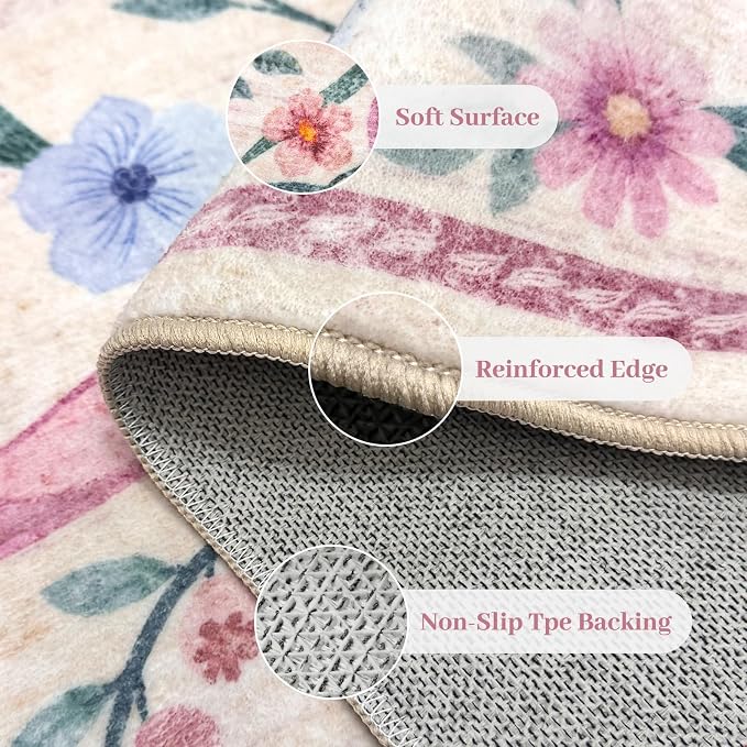 Pink Floral Bow Rug 8x10 for Living Room, Washable Non Slip Area Rug, Soft Boho - Image 5