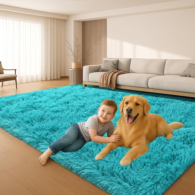 Teal Blue Plush Rug 6x9, Fluffy Shag Carpet Non-Slip, Area Rug - Image 5