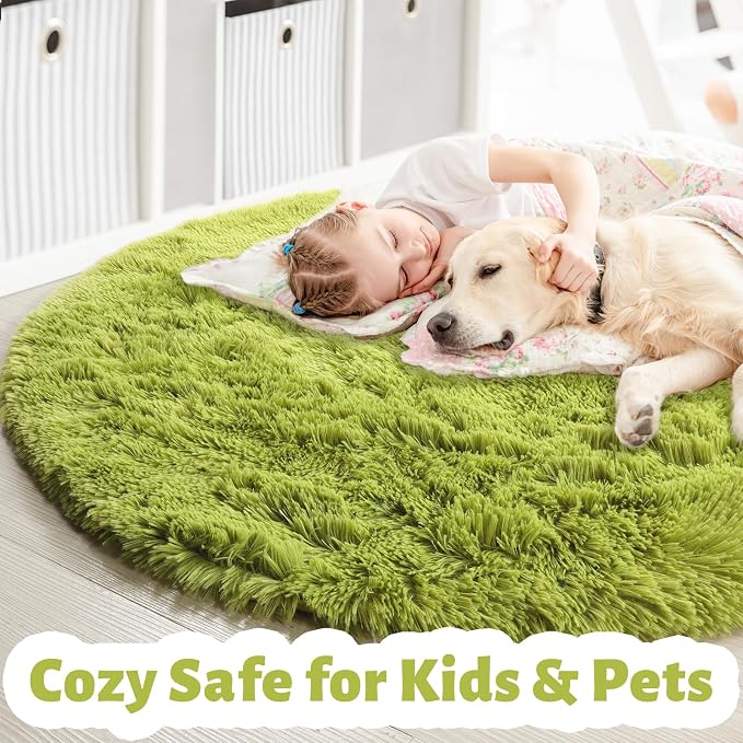 Grass Green Round Rug 4Ft for Bedroom, Fluffy Shag Circle Area Rugs for Kids - Image 2