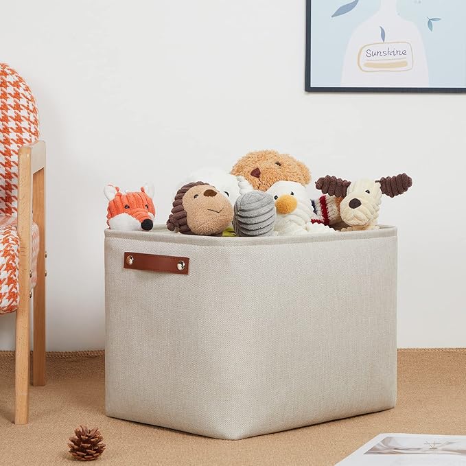 DULLEMELO 2-Pack Large Storage Baskets for Organizing 16"x12"x12" Canvas Fabric Storage Basket Bins With Leather Handles for Shelf Clothes Empty Gift Basket (Beige)