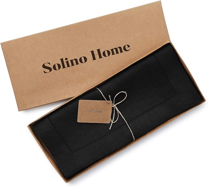 Solino Home 100% Pure Linen Dining Table Runner Black Hemstitch, 14 x 72 in | - Image 5