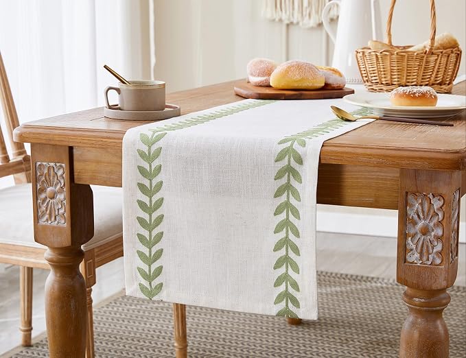 Wracra Embroidered Table Runner, Sage Green Table Runners 36 Inches Long | - Image 6