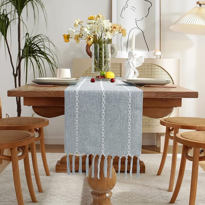 Wracra Rustic Linen Table Runner, Dusty Blue Table Runners 48 inches Long | - Image 7