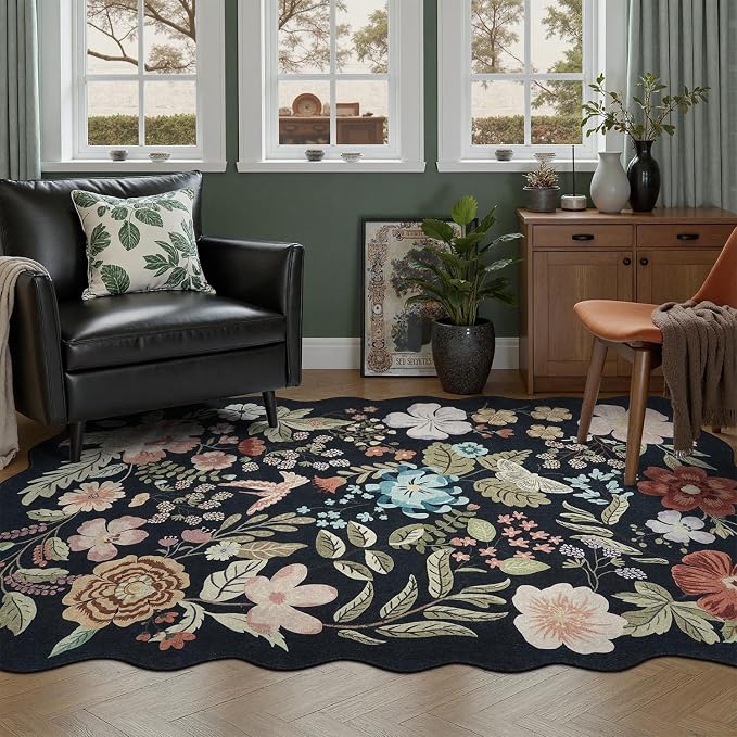 DCX Black Floral Rug 4x6, Washable Black Rug - Image 2